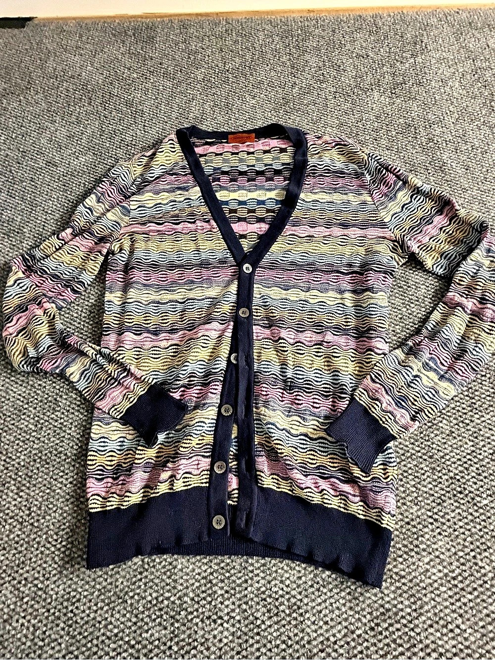 MISSONI Italy Space-Dyed Multicolor Wave Crochet Knit Cardigan